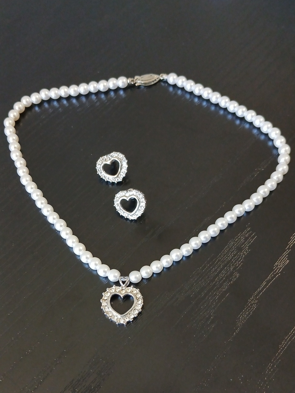 💗Vintage Classic White Pearl Necklace & Heart Earrings Bridal Wedding Set